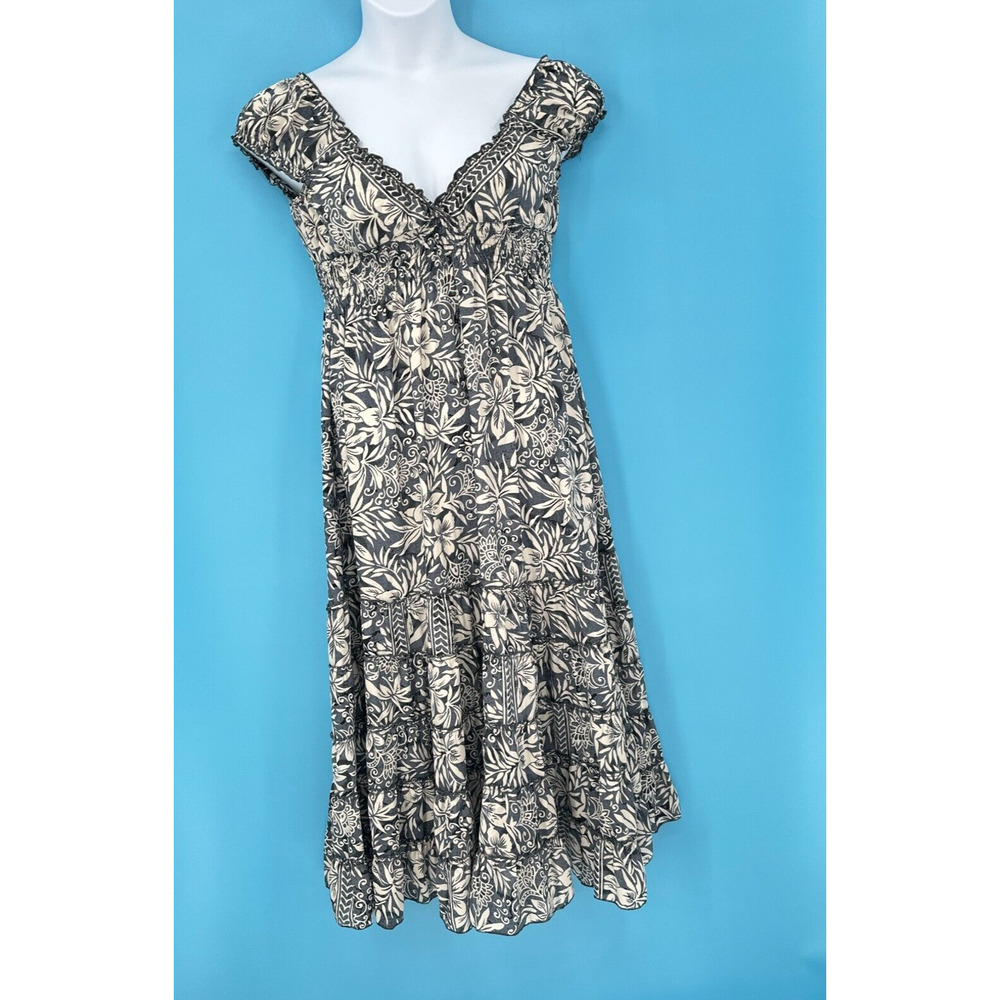 Babydoll Boho Satin Dress Medium‎ Blue Floral Tiered Midi Deep V Dainty Vacation